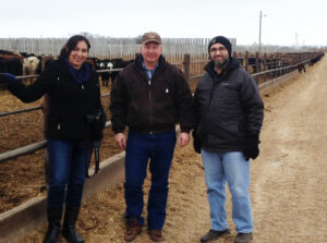 Beef Researcher Mentorship program participants, Dr. Claudia Narvaez Bravo (left) and Dr. Argenis Rodas-Gonzalez (right) tour Martin Unrau's (middle) feedlot with one of Claudia's mentors, Tom Teichroeb.