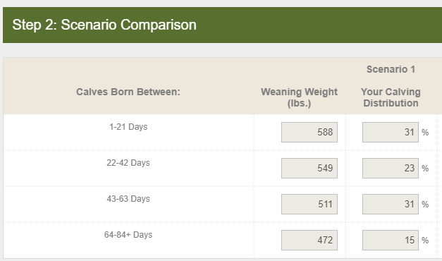 scenario comparison, weaning weight, calving distribution