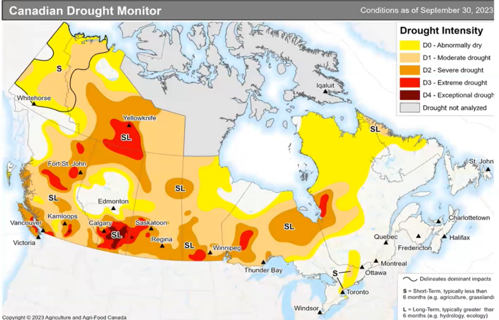 Canadian Drought Monitor for drought intensity conditions as of Sep. 30, 2023