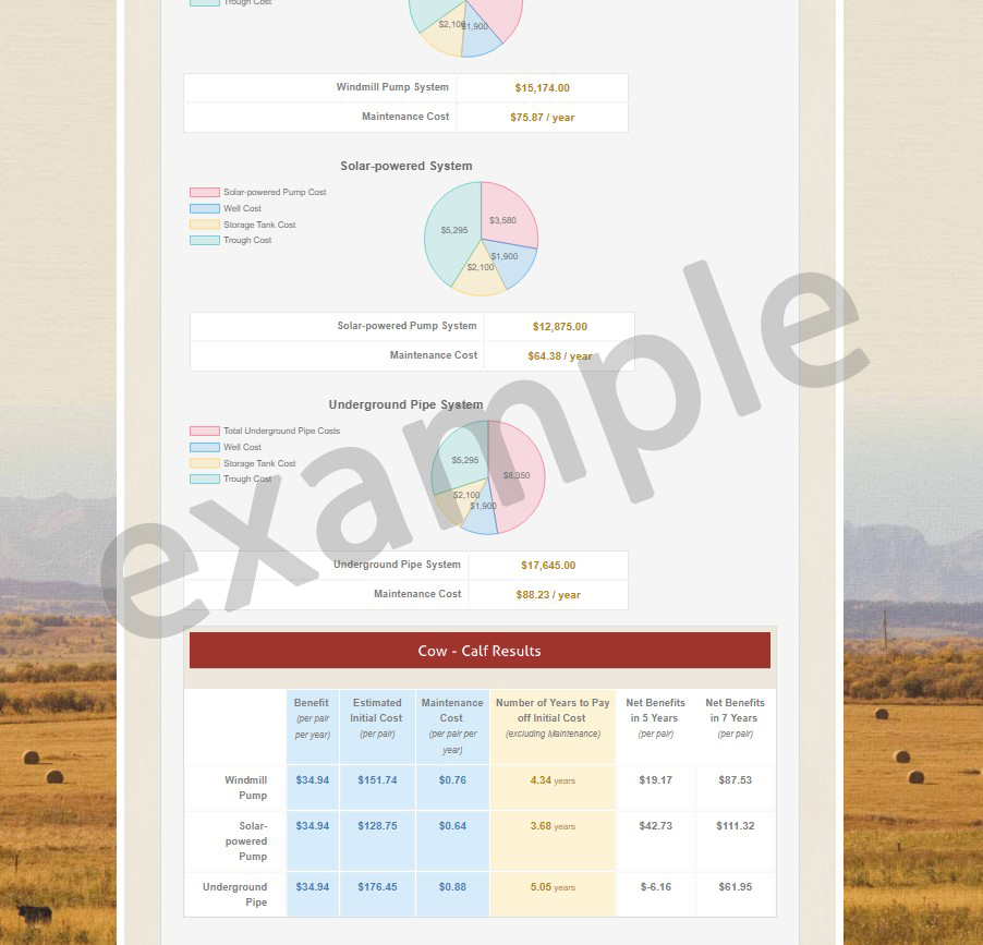 example of the BCRC Water Systems Calculator