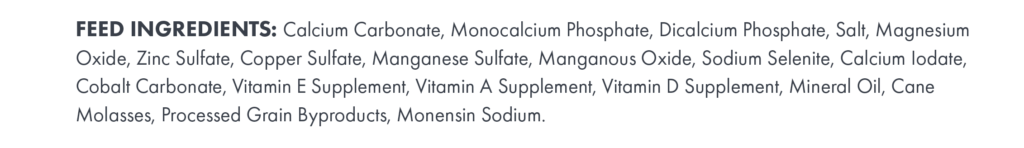Feed Ingredients in a mineral tag example

